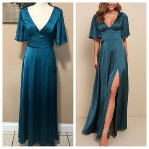 Lulus Elegant Confidence Teal Satin Flutter Sleeve Cutout Maxi Dress formal gown
